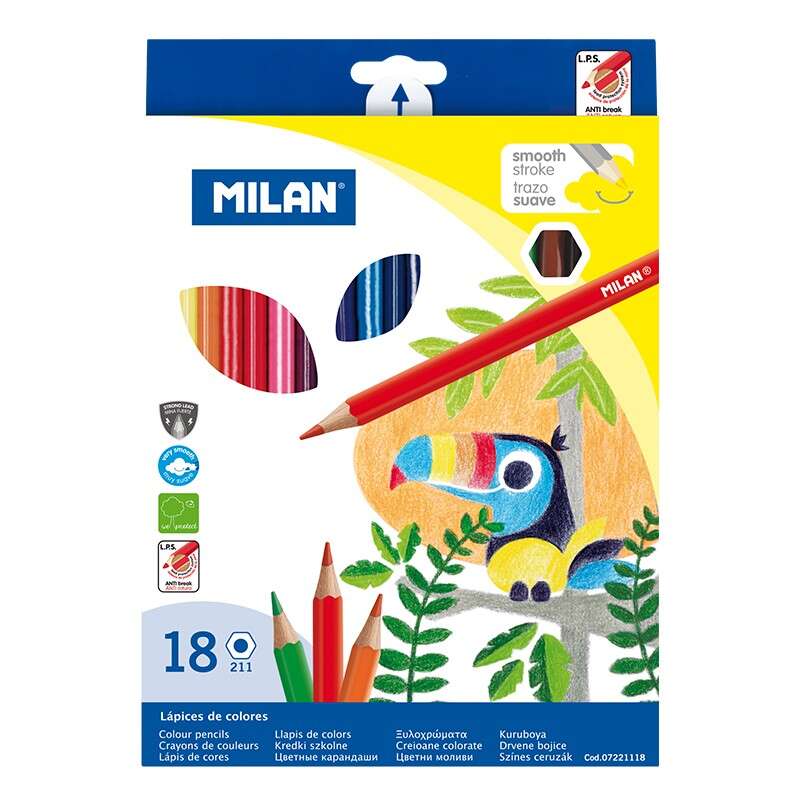 Milan Pack De 18 Lapices Hexagonales De Colores - Mina 2.9Mm - Trazo Uniforme - Resistente A La Rotura - Colores Surtidos
