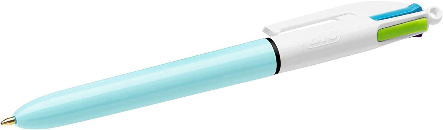 Bic 4 Colours Fun Boligrafo De Bola Retractil - Punta Media De 1.0Mm - Tinta Con Base De Aceite - Tinta De Colores: Rosa, Morado, Turquesa Y Verde Lima - Cuerpo Azul Claro/Blanco
