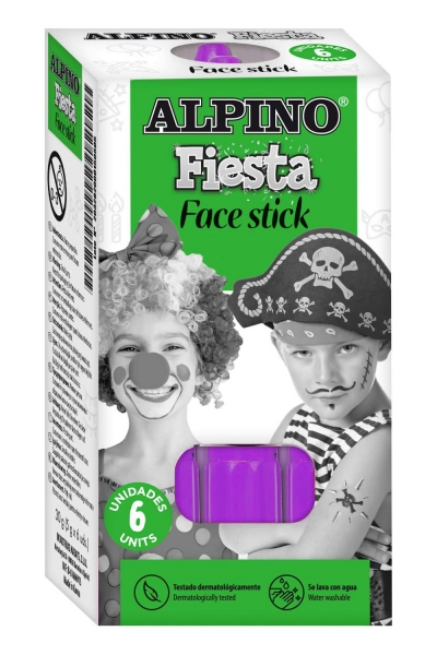 Alpino Fiesta Face Stick Pack Con 6 Barritas De Pintura Facial - Sistema Retractil Giratorio - Se Lava Con Agua - Testado Dermatologicamente - Color Violeta