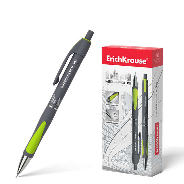 Erichkrause Megapolis Concept Portaminas 0.5Mm Hb - Cuerpo Redondo Con Clip - Zona De Agarre Ergonomica - Para Minas De 0.5Mm - Color Gris/Verde Neon