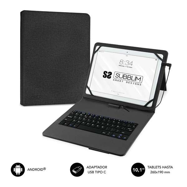 Subblim Keytab Pro Usb - Teclado Con Funda Universal Para Tablets - Comodidad Y Flexibilidad Al Escribir - Angulo Ideal Para Escribir O Ver Videos - Atril Magnetico - Color Negro