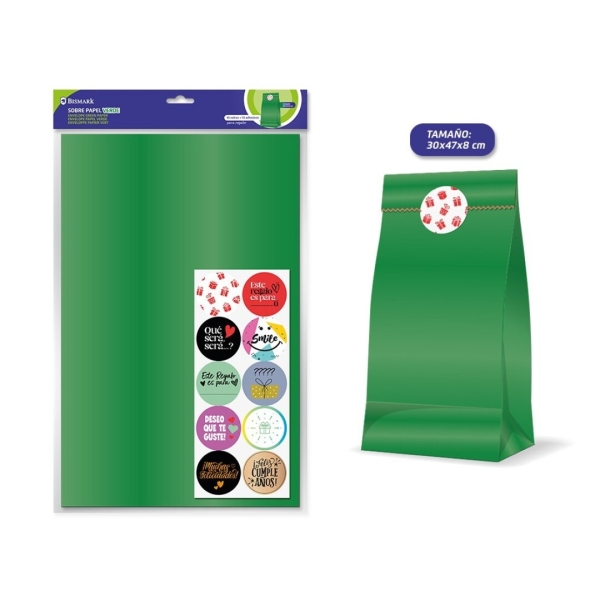 Bismark Pack De 10 Sobres Papel Kraft 50Grs Con 10 Pegatinas Para Cierre - Medidas 30X47X8Cm - Ideal Para Regalos - Color Verde