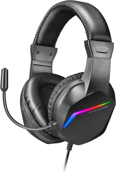 Mars Gaming Auriculares Mh122 Ultraligeros Con Iluminacion Frgb Rainbow - Sonido Hi-Fi Ultra-Bass Spatial Sound - Diseño Ergonomico - Cancelacion De Ruido Pasiva - Compatibilidad Total Multiplataforma - Color Negro