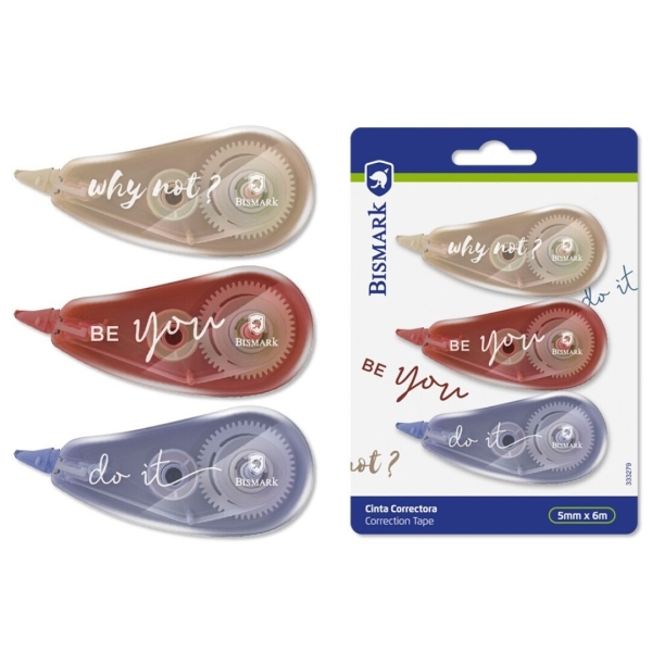 Bismark Be You Pack De 3 Cintas Correctoras 5Mmx6M - Perfecta Adherencia Al Papel - Presentacion En Blister - Cuerpo De Suaves Colores Morandi