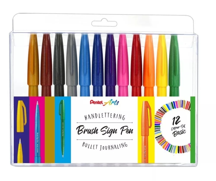Pentel Brush Sing Pen Pack De 12 Rotuladores Con Punta De Pincel - Lineas Finas O Gruesas Dependiendo De La Presion - Fabricados Con 81% De Plasticos Recicldos - Colores Vivos Surtidos