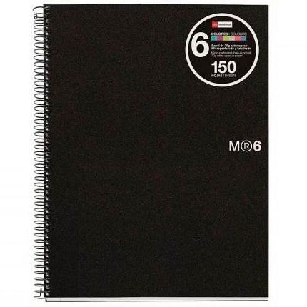 Miquelrius Cuaderno Espiral 150H A5 5X5Mm 70Gr 2 Taladros Microperforado 6 Bandas Color Tapa Pp Negro
