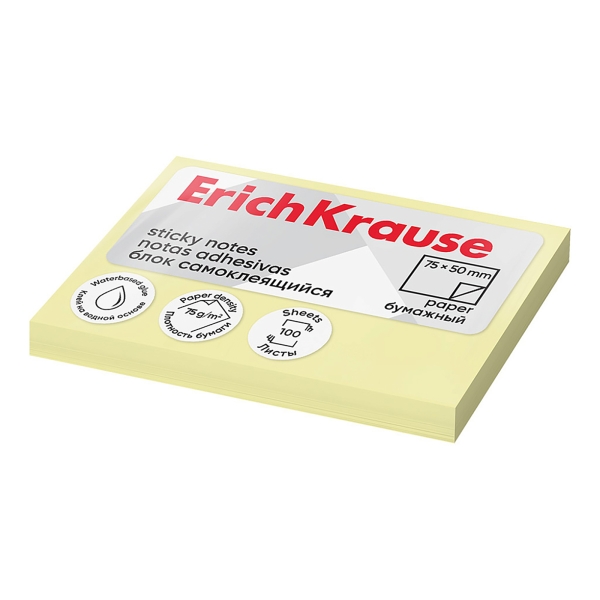 Erichkrause Bloc De 100 Notas Adhesivas 50X75Mm - Removibles - Color Amarillo Claro