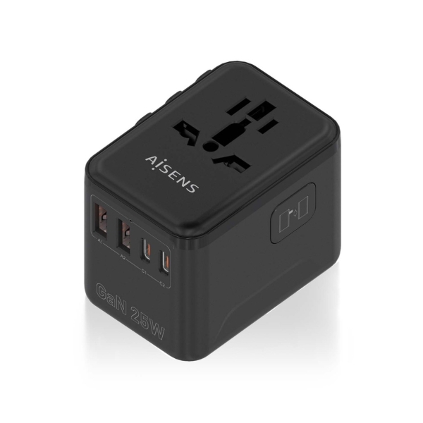 Aisens Adaptador De Viaje Universal Gan 25W - 2Xusb-A Qc3.0, 2Xusb-C Pd3.0 - Color Negro