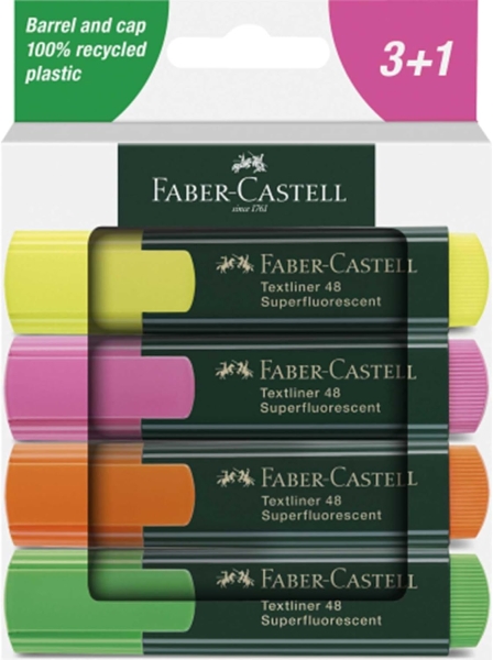 Faber-Castell Textliner 48 Pack De 4 Marcadores Fluorescentes - Punta Biselada - Trazo Entre 1.2Mm Y 5Mm - Tinta Con Base De Agua - Colores Surtidos