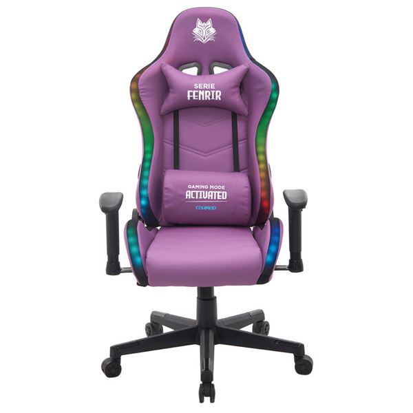 Cromad Serie Fenrir Silla Gaming Rgb - Estructura Robusta - Piel Sintetica De Alta Calidad - Altura Regulable Con Piston De Gas Clase 2 - Respaldo Reclinable - Cojin Lumbar Y Cervical - Reposabrazos Regulables - Color Violeta