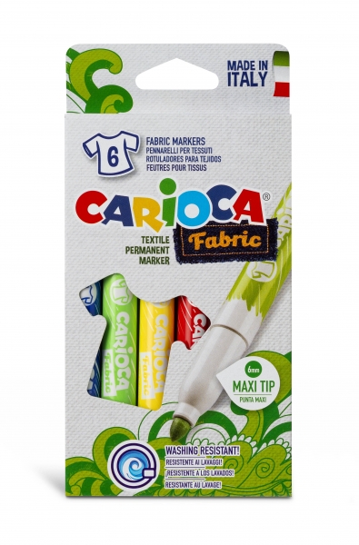 Carioca Fabric Pack De 6 Rotuladores Para Tejidos - Punta Maxi Ø 6Mm - Tinta Especial Para Tejidos - Colores Indelebles Tras Aplicacion - Mayor Duracion Y Brillo Al Planchar Reverso - Color Varios