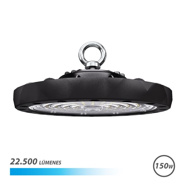 Elbat Lampara Led Ufo De Techo - Potencia: 150W - Lumenes: 22500 - Luz Fria: 6500K - Ac 100-240V - Diametro: 28.6Cm - Angulo Ajustable - Color Negro