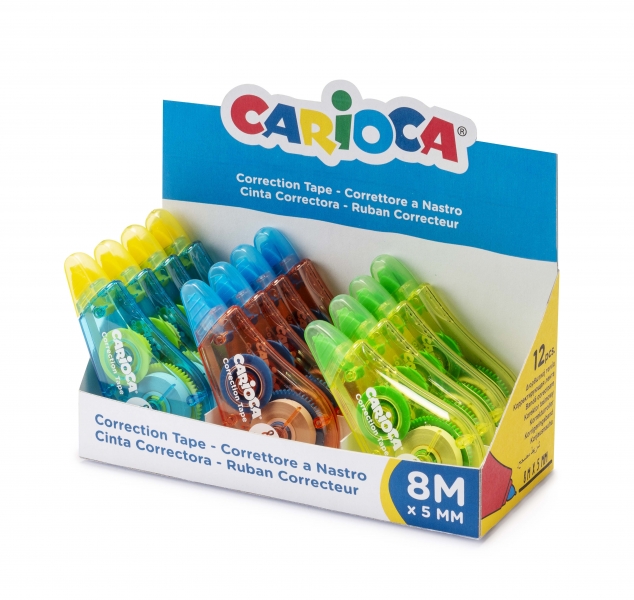 Carioca Tape Expositor De 12 Correctores - Cubriente - Se Puede Volver A Escribir Enseguida - Ideal Para Cualquier Tipo De Papel - Color Varios