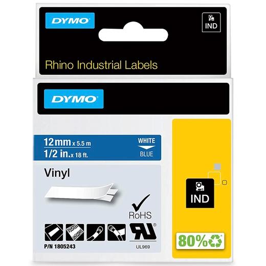 Dymo Rhino Cinta De Etiquetas Industrial Adhesiva Id1-12, Blanco Sobre Azul De 12Mmx5´5M, Vinilo
